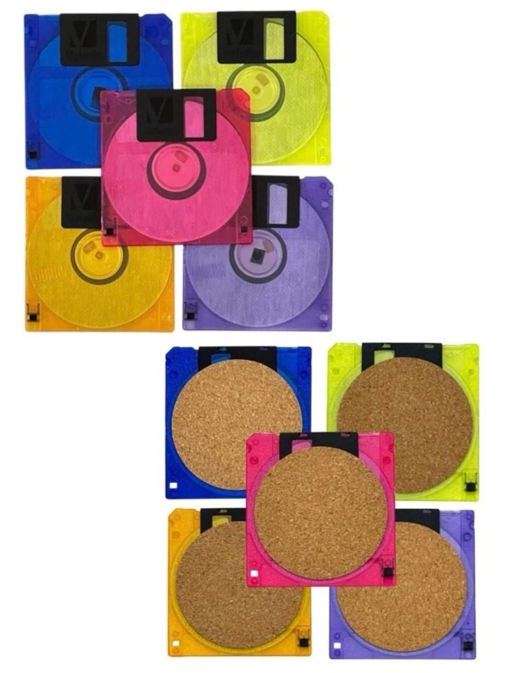 Verbatim 3.5-inch Translucent Color Authentic Floppy Disks Upcycled Coaster Set